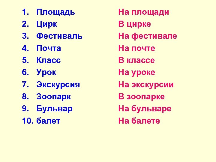 1. Площадь 2. Цирк 3. Фестиваль 4. Почта 5. Класс 6. Урок 7. Экскурсия