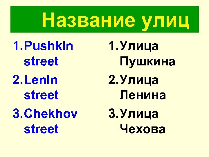 Название улиц 1. Pushkin street 2. Lenin street 3. Chekhov street 1. Улица Пушкина