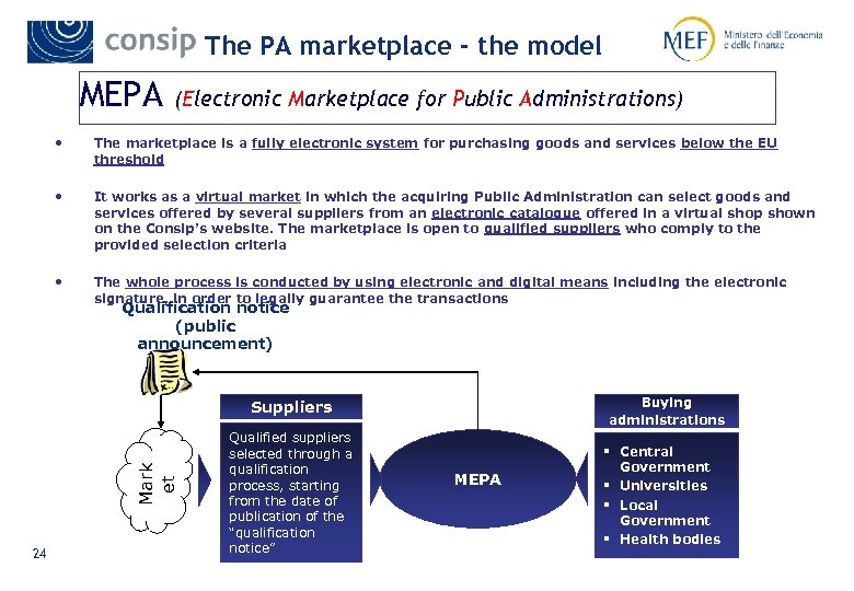The PA marketplace - the model MEPA (Electronic Marketplace for Public Administrations) • The