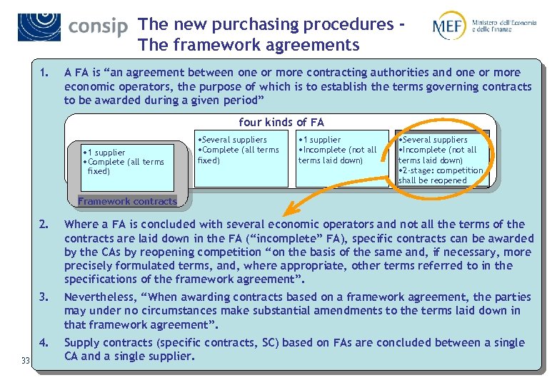 The new purchasing procedures The framework agreements 1. A FA is “an agreement between
