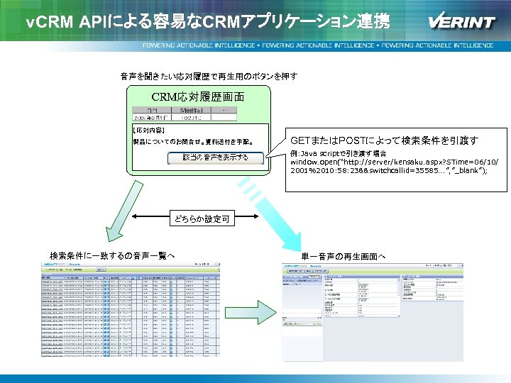 v. CRM APIによる容易なCRMアプリケーション連携 音声を聞きたい応対履歴で再生用のボタンを押す CRM応対履歴画面 【応対内容】 製品についてのお問合せ。資料送付を手配。 GETまたはPOSTによって検索条件を引渡す 例：Java scriptで引き渡す場合 　　　　 window. open(“http: //server/kensaku.