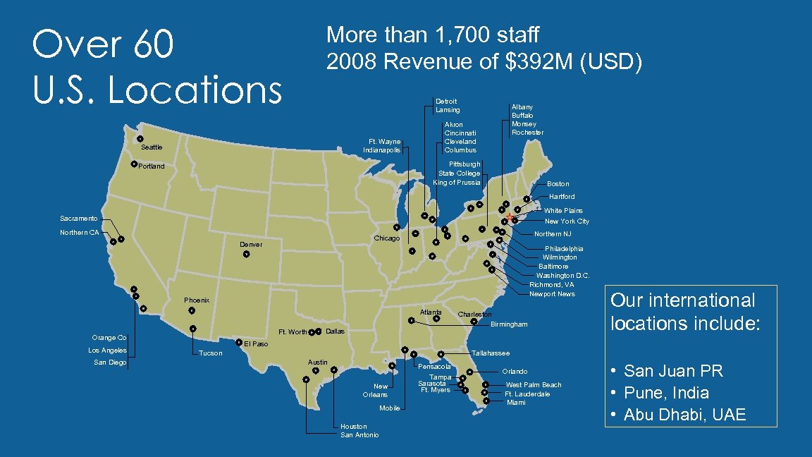 Over 60 U. S. Locations More than 1, 700 staff 2008 Revenue of $392