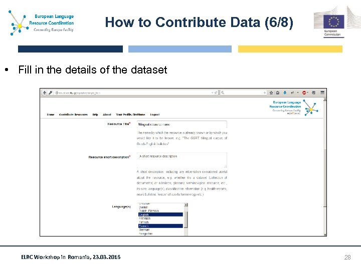How to Contribute Data (6/8) • Fill in the details of the dataset ELRC