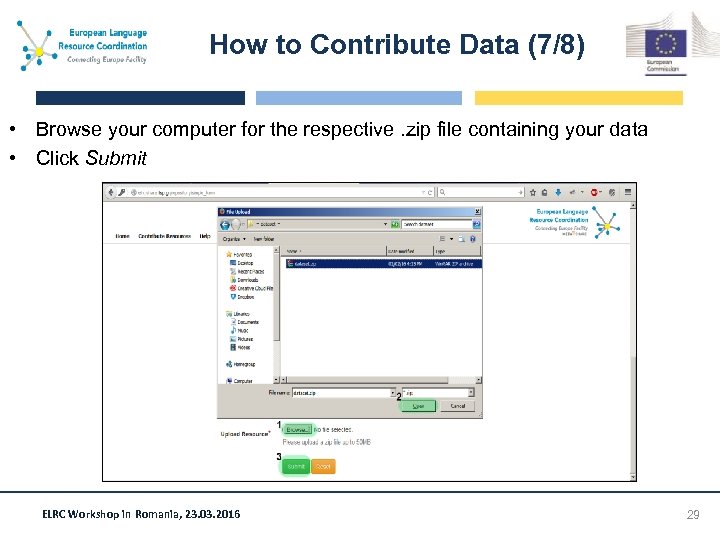 How to Contribute Data (7/8) • Browse your computer for the respective. zip file