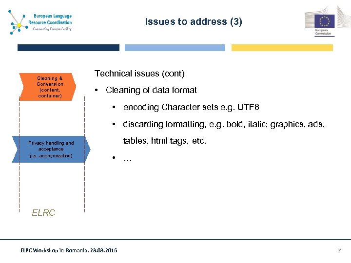 Issues to address (3) Cleaning & Conversion (content, container) Technical issues (cont) • Cleaning