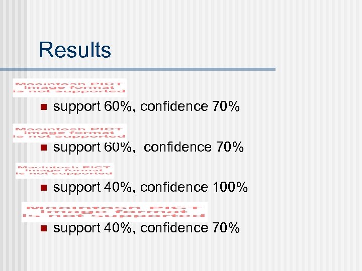 Results n support 60%, confidence 70% n support 40%, confidence 100% n support 40%,