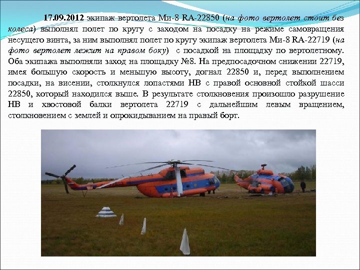 17. 09. 2012 экипаж вертолета Ми-8 RA-22850 (на фото вертолет стоит без колеса) выполнял