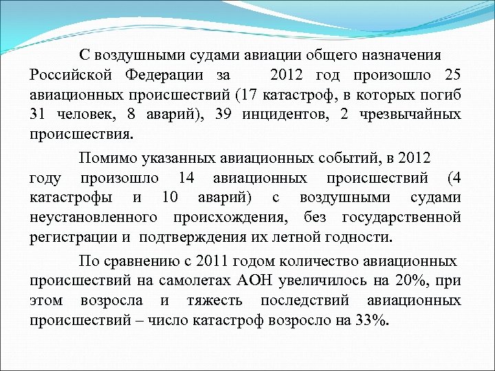 С воздушными судами авиации общего назначения Российской Федерации за 2012 год произошло 25 авиационных
