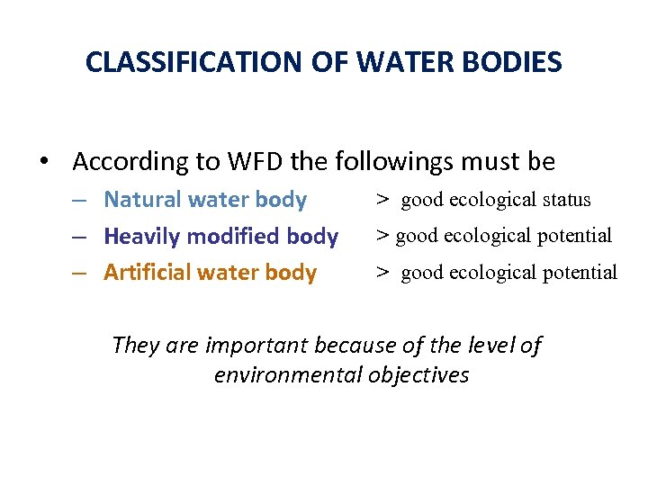 CLASSIFICATION OF WATER BODIES • According to WFD the followings must be – Natural