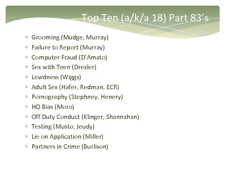 Top Ten (a/k/a 18) Part 83’s Grooming (Mudge, Murray) Failure to Report (Murray) Computer