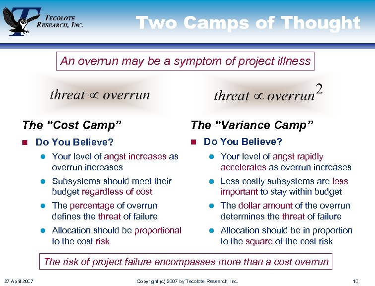 Two Camps of Thought An overrun may be a symptom of project illness The