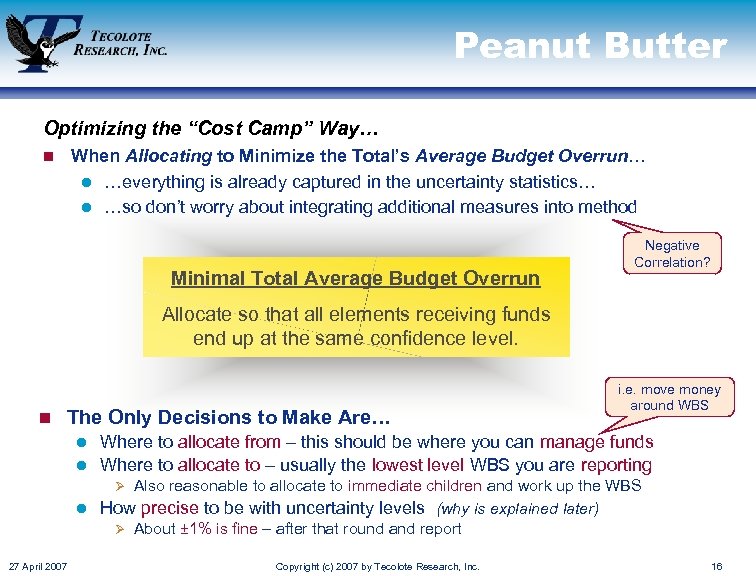 Peanut Butter Optimizing the “Cost Camp” Way… n When Allocating to Minimize the Total’s