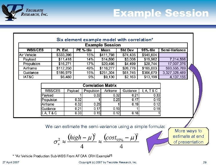 Example Session Six element example model with correlation* We can estimate the semi-variance using