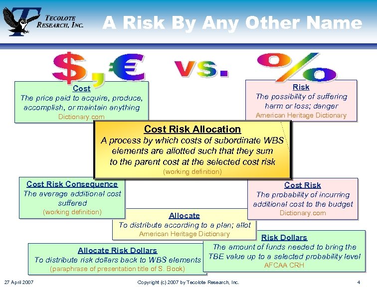 A Risk By Any Other Name Risk The possibility of suffering harm or loss;