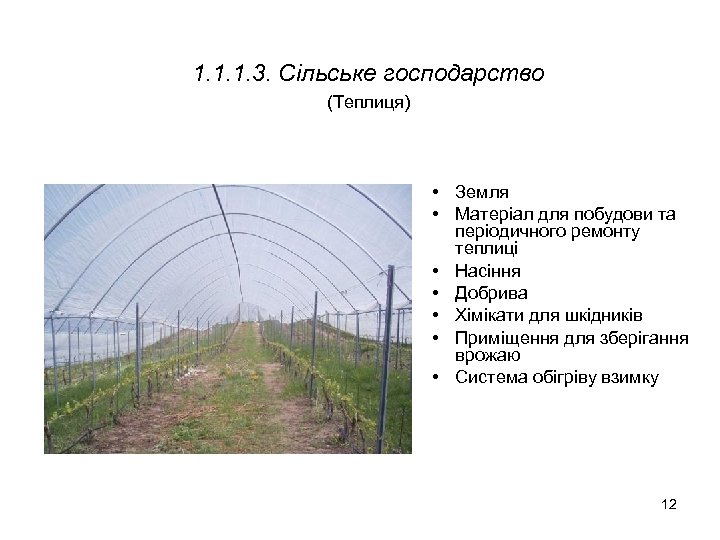 1. 1. 1. 3. Сільське господарство (Теплиця) • Земля • Матеріал для побудови та