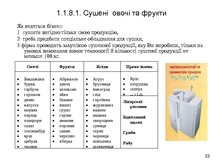 1. 1. 8. 1. Сушені овочі та фрукти Як ведеться бізнес: 1 сушити вигідно