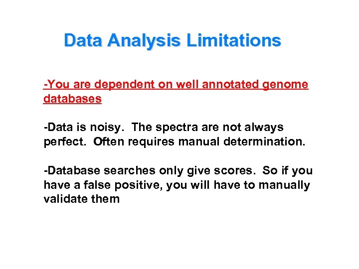 Data Analysis Limitations -You are dependent on well annotated genome databases -Data is noisy.