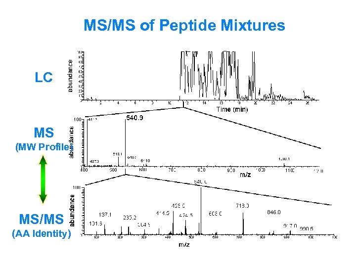 MS/MS of Peptide Mixtures LC MS (MW Profile) MS/MS (AA Identity) 