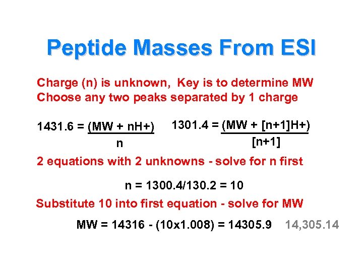 Peptide Masses From ESI Charge (n) is unknown, Key is to determine MW Choose