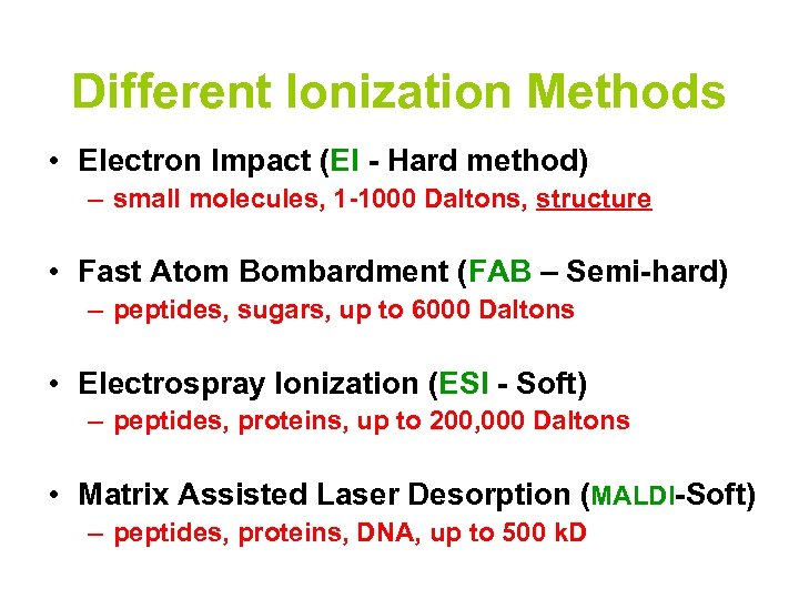 Different Ionization Methods • Electron Impact (EI - Hard method) – small molecules, 1