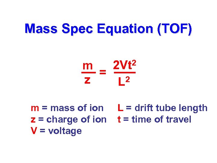 Mass Spec Equation (TOF) 2 Vt 2 m = z L 2 m =