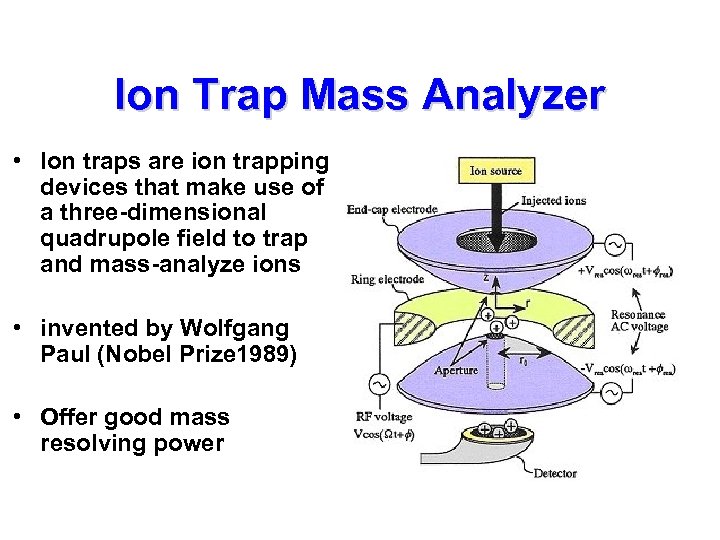 Ion Trap Mass Analyzer • Ion traps are ion trapping devices that make use