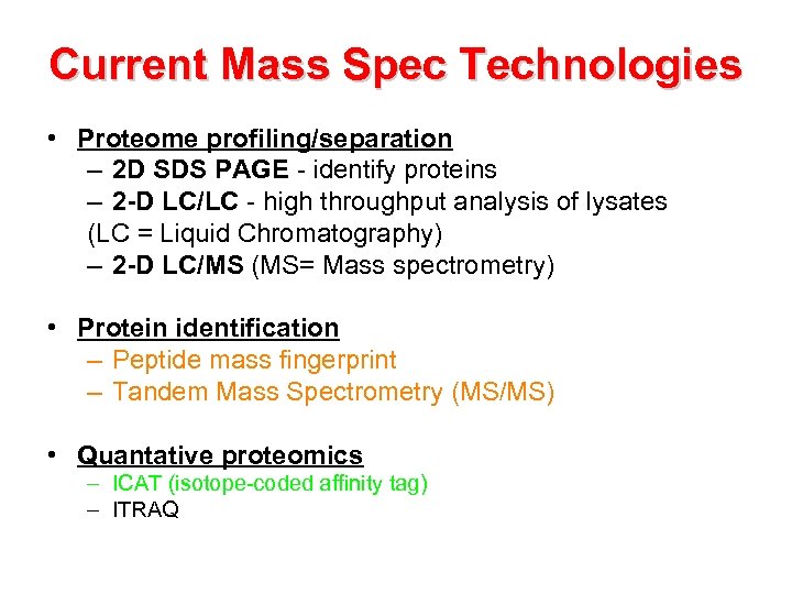 Current Mass Spec Technologies • Proteome profiling/separation – 2 D SDS PAGE - identify