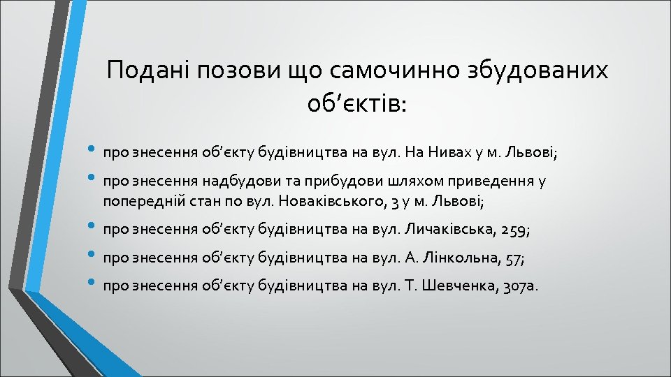 Подані позови що самочинно збудованих об’єктів: • про знесення об’єкту будівництва на вул. На