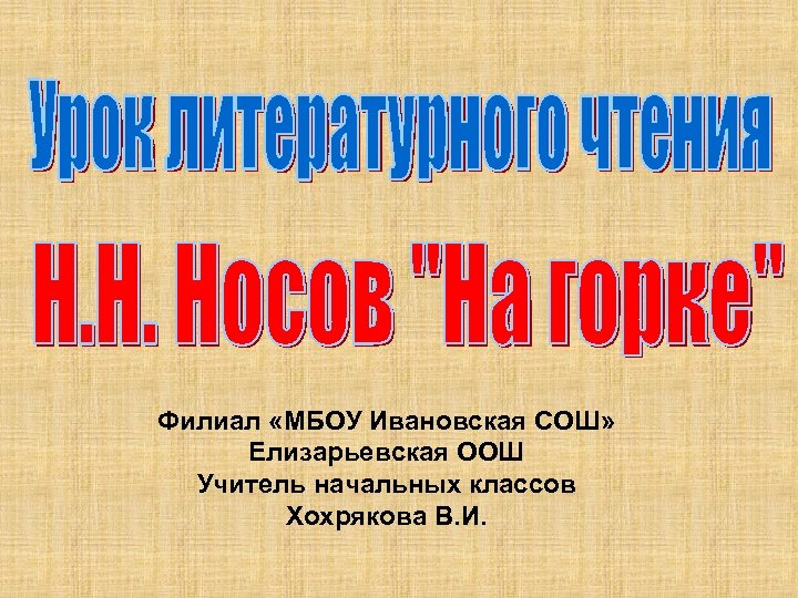 Филиал «МБОУ Ивановская СОШ» Елизарьевская ООШ Учитель начальных классов Хохрякова В. И. 
