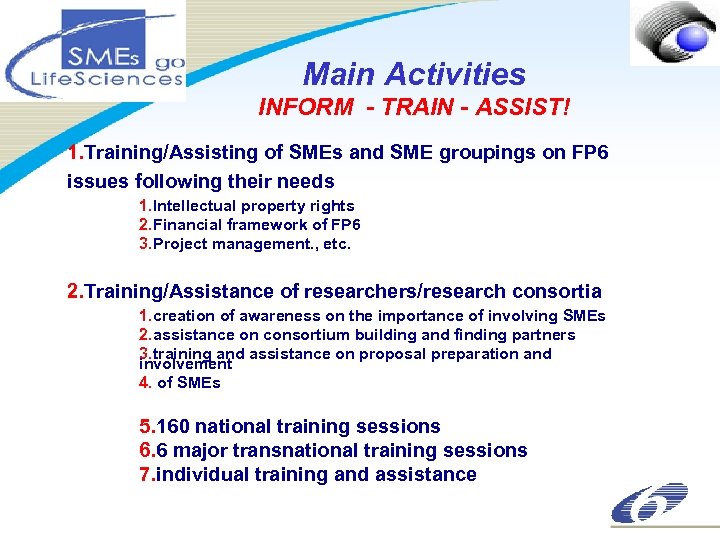 Main Activities INFORM - TRAIN - ASSIST! 1. Training/Assisting of SMEs and SME groupings