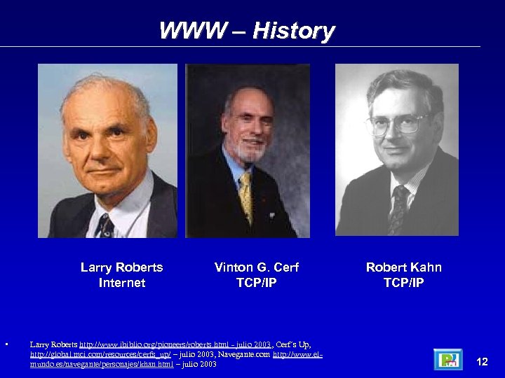 WWW – History Larry Roberts Internet • Vinton G. Cerf TCP/IP Larry Roberts http: