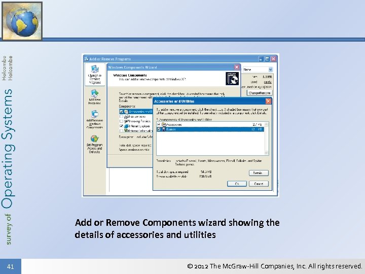 Add or Remove Components wizard showing the details of accessories and utilities 41 ©