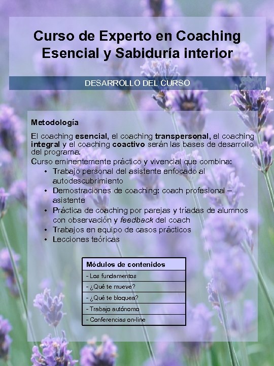 Curso de Experto en Coaching Esencial y Sabiduría interior DESARROLLO DEL CURSO Metodología El