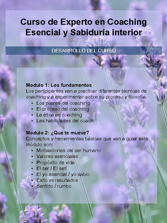 Curso de Experto en Coaching Esencial y Sabiduría interior DESARROLLO DEL CURSO Modulo 1: