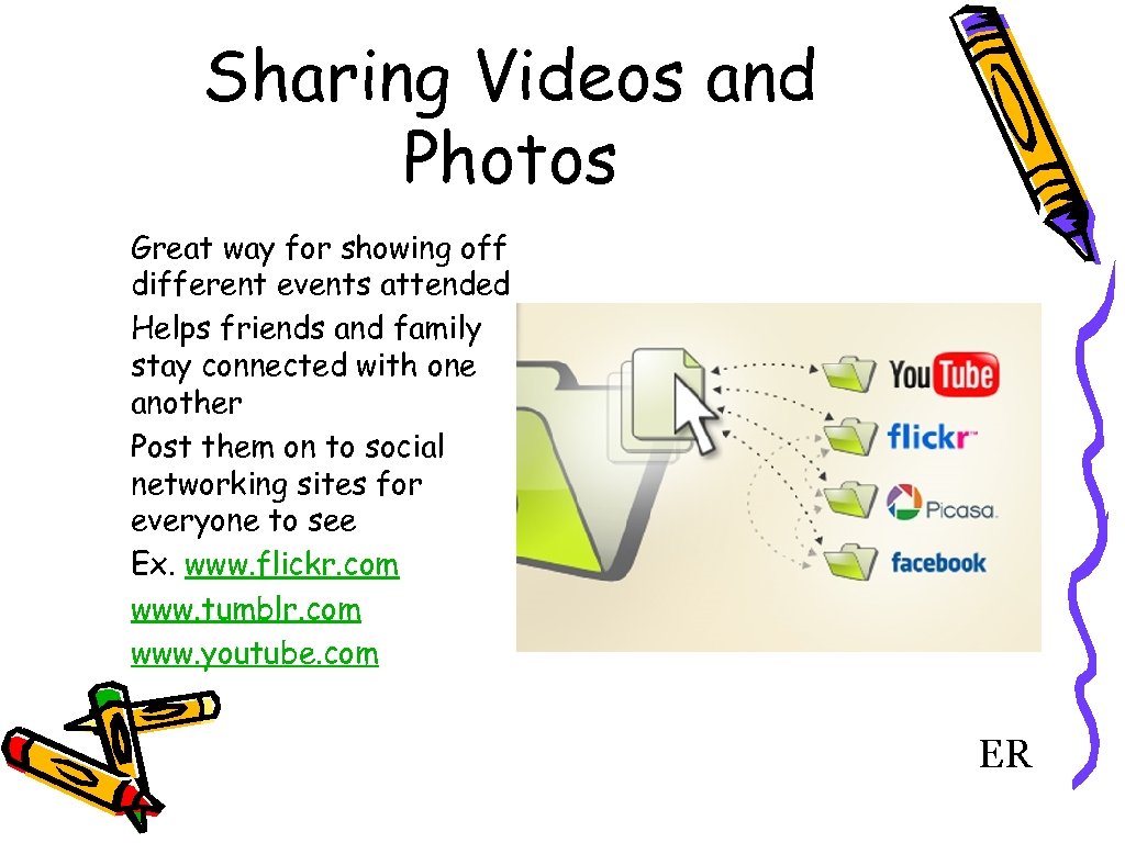Sharing Videos and Photos Great way for showing off different events attended Helps friends