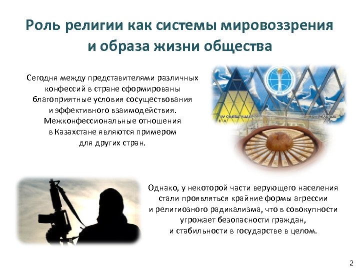Роль религии как системы мировоззрения и образа жизни общества Сегодня между представителями различных конфессий
