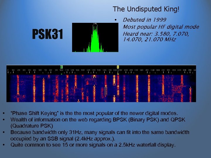 The Undisputed King! PSK 31 • • Debuted in 1999 Most popular HF digital
