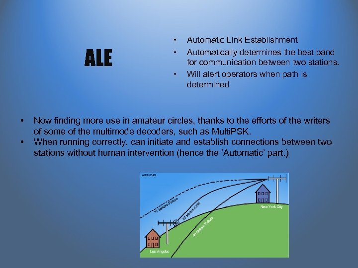 ALE • • • Automatic Link Establishment Automatically determines the best band for communication