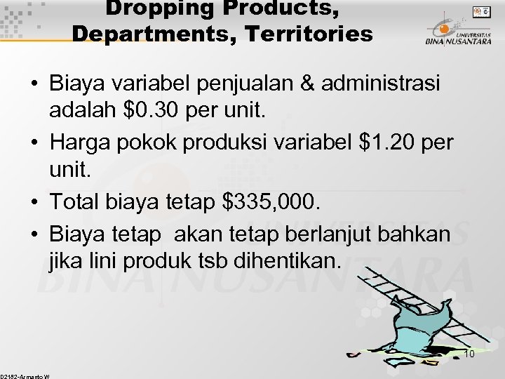 Dropping Products, Departments, Territories • Biaya variabel penjualan & administrasi adalah $0. 30 per