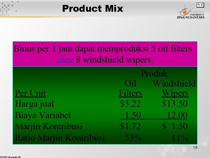Product Mix Binus per 1 jam dapat memproduksi 5 oil filters atau 8 windshield