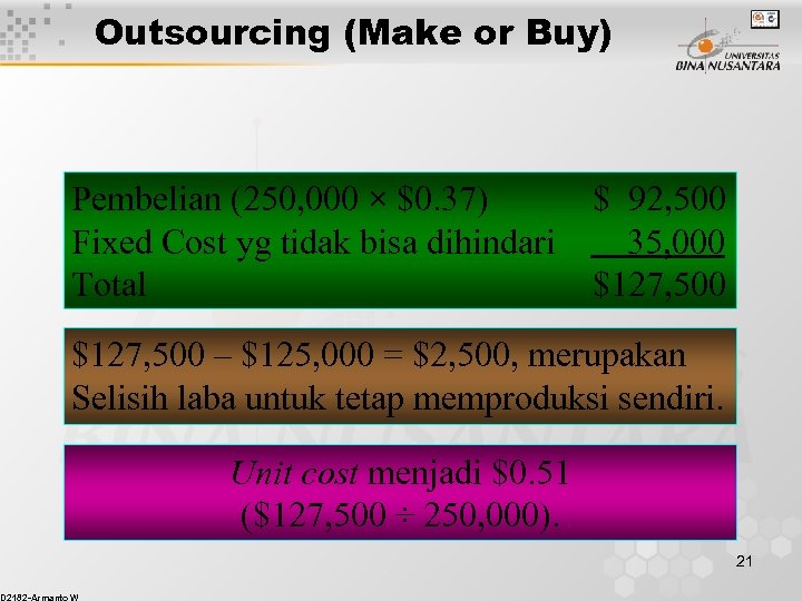 Outsourcing (Make or Buy) Pembelian (250, 000 × $0. 37) Fixed Cost yg tidak
