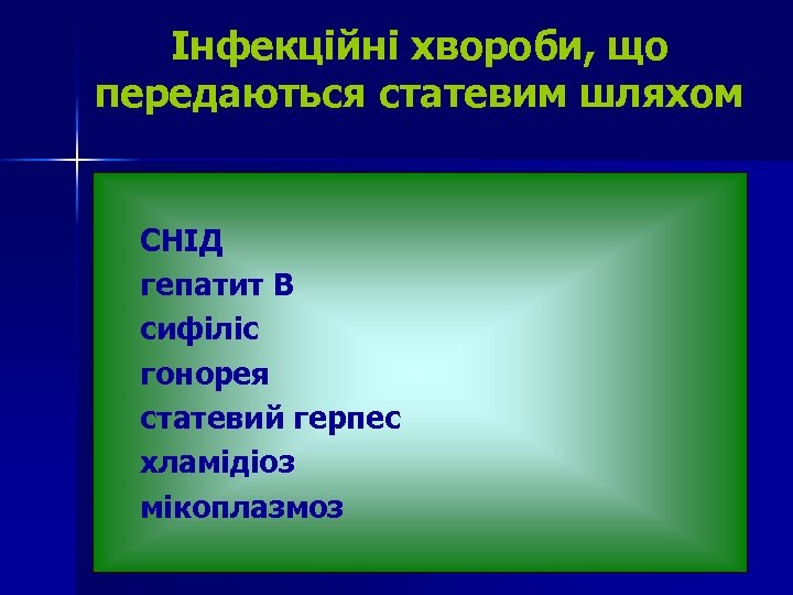 Інфекційні хвороби, що передаються статевим шляхом СНІД гепатит В сифіліс гонорея статевий герпес хламідіоз