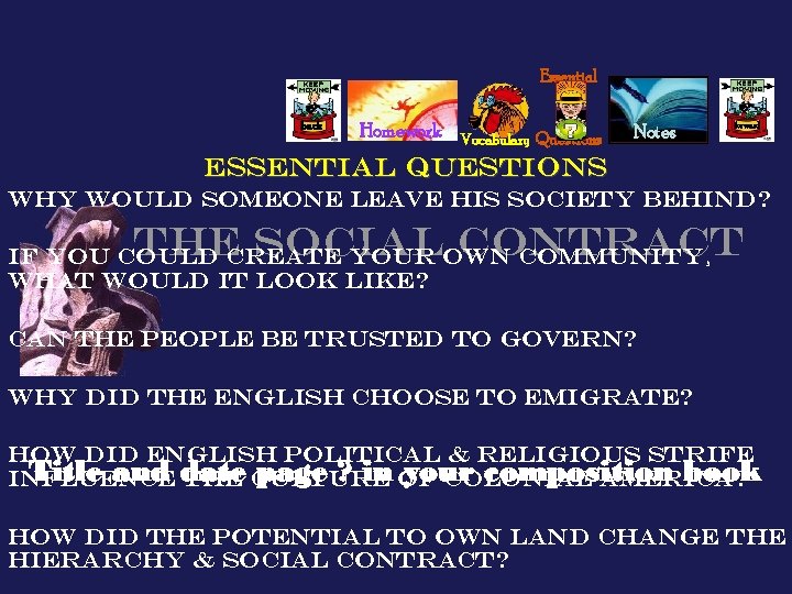 Essential back Homework Vocabulary Questions Notes forward Essential questions Why would someone leave his