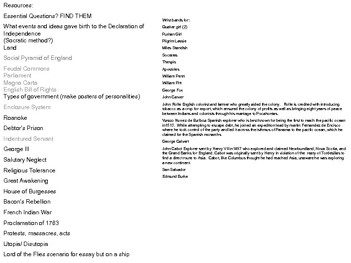 Resources: Essential Questions? FIND THEM Wrist bands for: What events and ideas gave birth