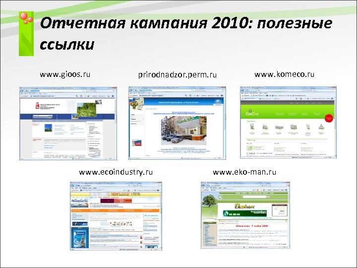 Отчетная кампания 2010: полезные ссылки www. gioos. ru prirodnadzor. perm. ru www. ecoindustry. ru
