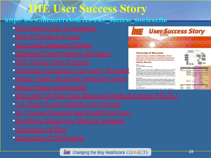 IHE User Success Story http: //www. ihe. net/resources/user_success_stories. cfm • Cleveland Clinic Foundation •