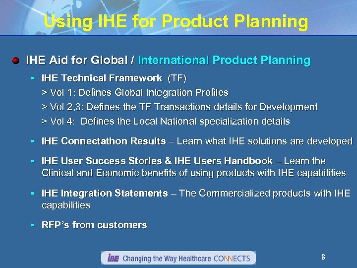 Using IHE for Product Planning IHE Aid for Global / International Product Planning §