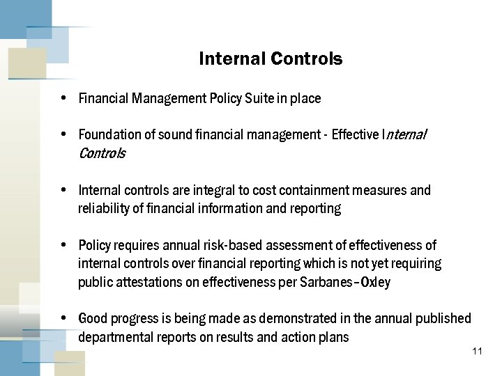 Internal Controls • Financial Management Policy Suite in place • Foundation of sound financial