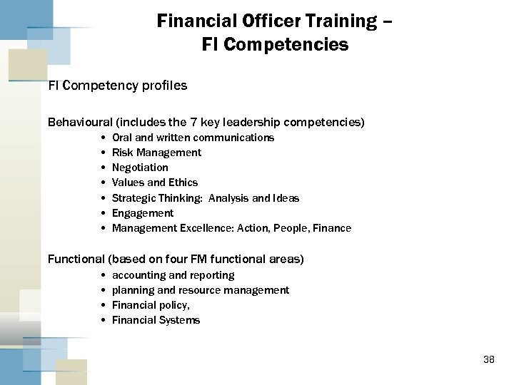 Financial Officer Training – FI Competencies FI Competency profiles Behavioural (includes the 7 key