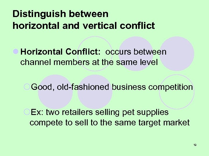 Distinguish between horizontal and vertical conflict l Horizontal Conflict: occurs between channel members at